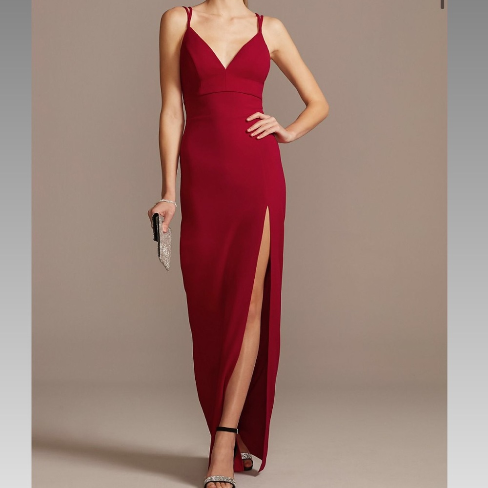 Davids Bridal Red Deep V Dress W Slit Double Strap